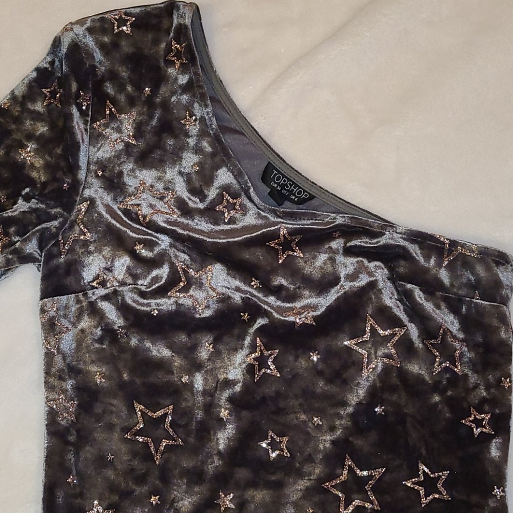 Topshop Size 2 Velvet Holiday Glitter Star Green Off Shoulder Dress - Picture 2 of 10